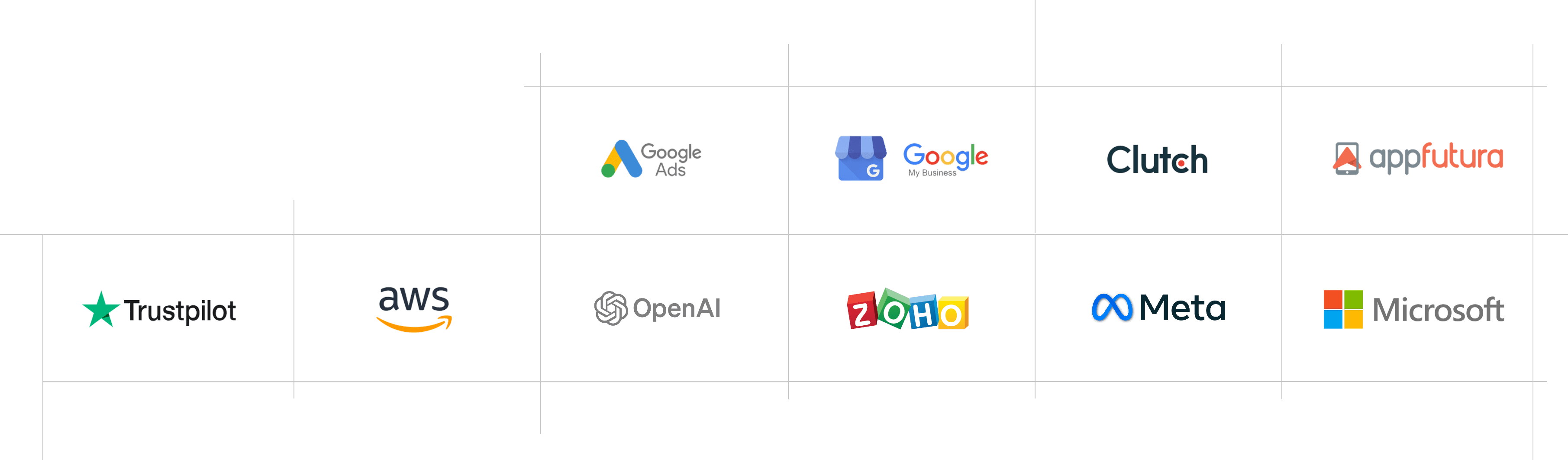 Our trusted partners grid including Google, AWS, OpenAI, Zoho, Meta, and Microsoft